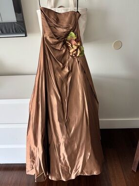 Jessica MACLINTOCK Strapless Satin Evening Gown w/ Velvet Floral Accent - Bronze